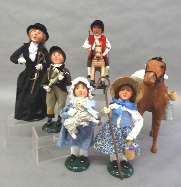 Byers Choice Carolers: Five Byers Choice w/4 children Horse with Farm Fresh Milk tin and Sack, Child w/Trophy, Woman Rider w/Crop, in Blue Dress/sheep, Girl with Sheppard's hook and flowers, Young Rider w/Crock on Rocking H