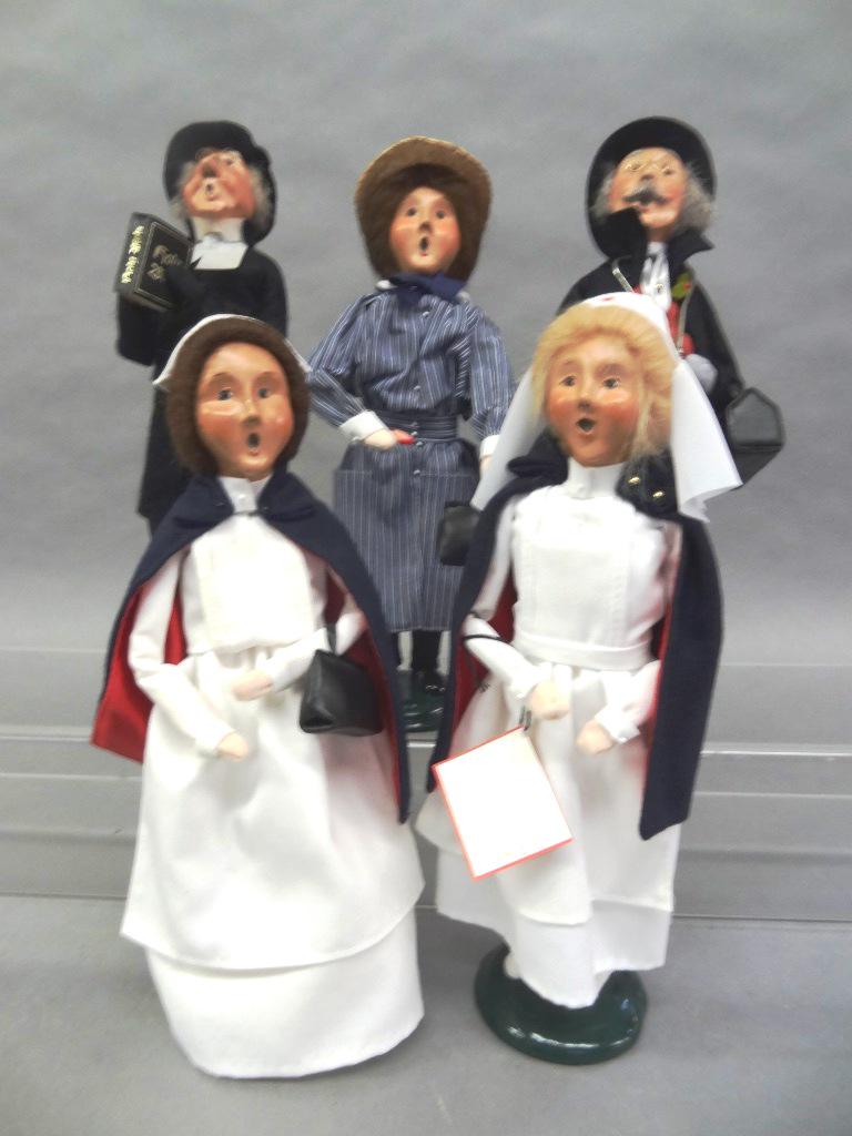Byers Choice Carolers: Five Byers Choice Carolers, Preacher/Bible, Nurse w /clue cape and bag, Ms.… Norma Munsey Visiting Nurse, American Red Cross Nurse, Dr. with stethoscope and Medical Bag
