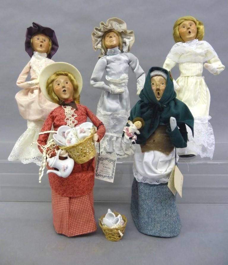 Byers Choice Carolers: Five Byers choice, Mothers Day 2717 of 3000, Grandma with Doll, Cries of London China Vendor, Female and extra basket of China, Dancing Victorian, 2004 woman with Plum Hat and Basket of flowers