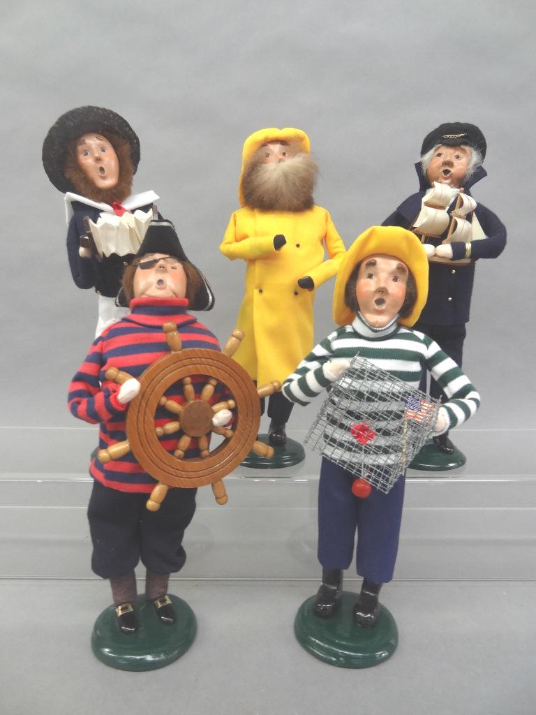 Byers Choice Carolers: Five Byers Choice: Three Nautical Figures, Yellow Rain Coat, Patch eye w/Ship Wheel, Crabbing Box, Accordion Man, Sailor with Ship