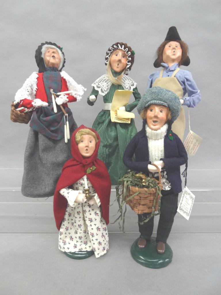 Byers Choice Carolers: Five Byers Choice: Williamsburg Child, Tin peddler, Candle Lady, Singer, Workman