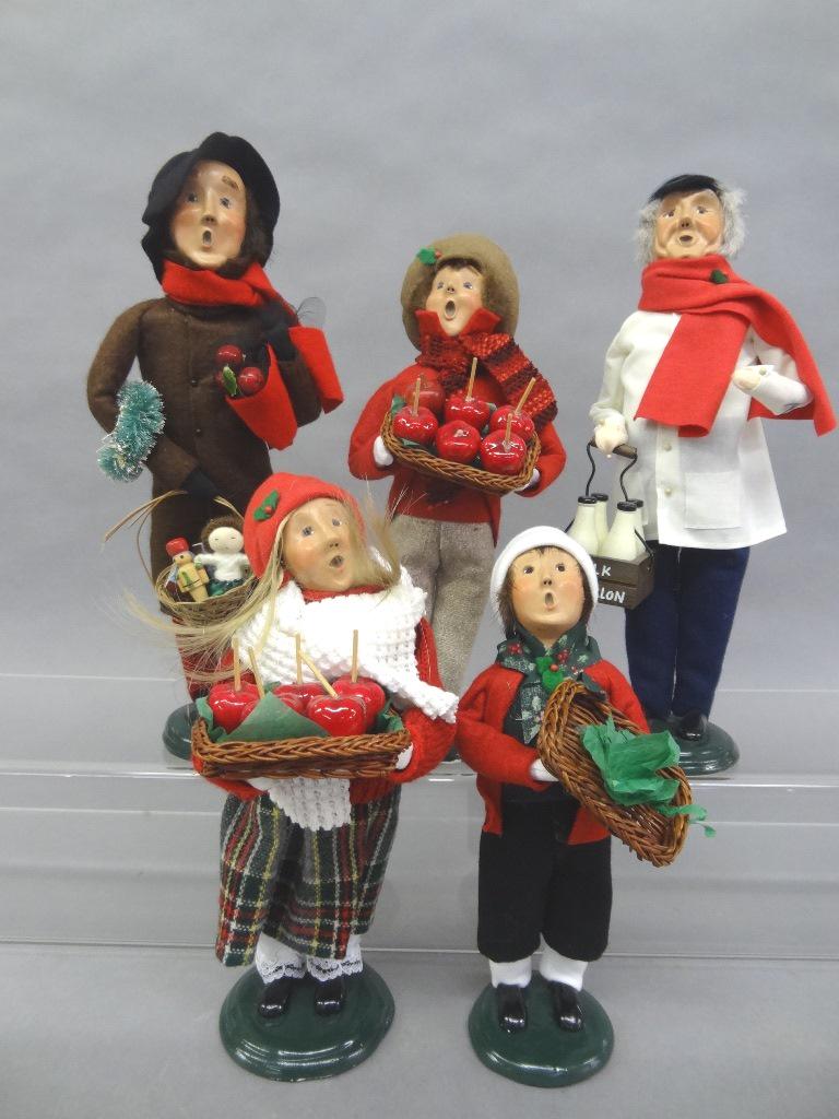 Byers Choice Carolers: Five Byers choice: Singer w/Toys, Milk Man, Three Tradition Children, Two with Apple Taffy