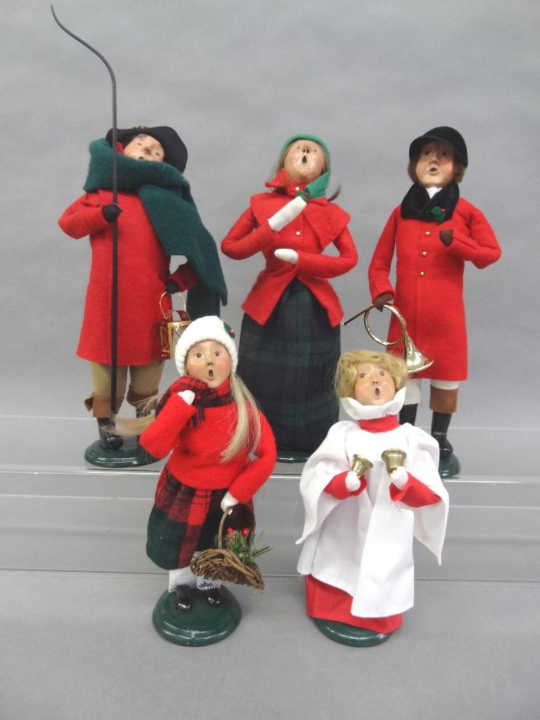 Byers Choice Carolers: Five Byers Choice: Choir boy w/Bells, Man with Whip, Man with Hunting Horn, Child w/Basket, Lady Singing