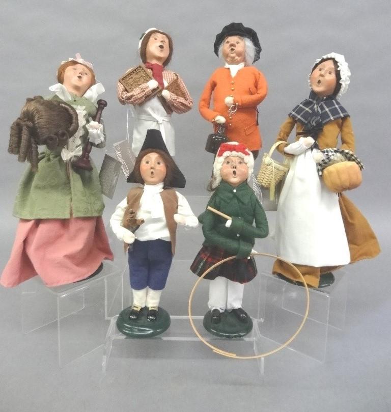 Byers Choice Carolers: Six Byers Choice: Five Williamsburg: Child w/Wooden ring toy, Child w. Sling Shot, Baker, Wig Maker, Tavern Life, Wine Maker