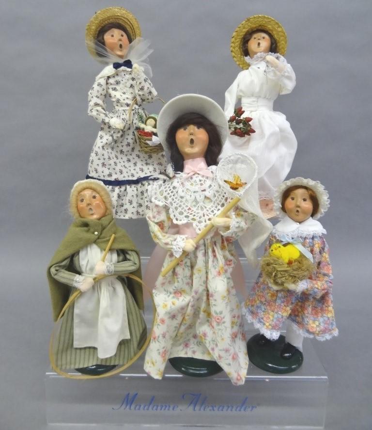 Byers Choice Carolers: Five Byers Choice: Winterthur Floral, Shopper with Basket of toys, Butterfly catcher, Bird Keeper, etc.