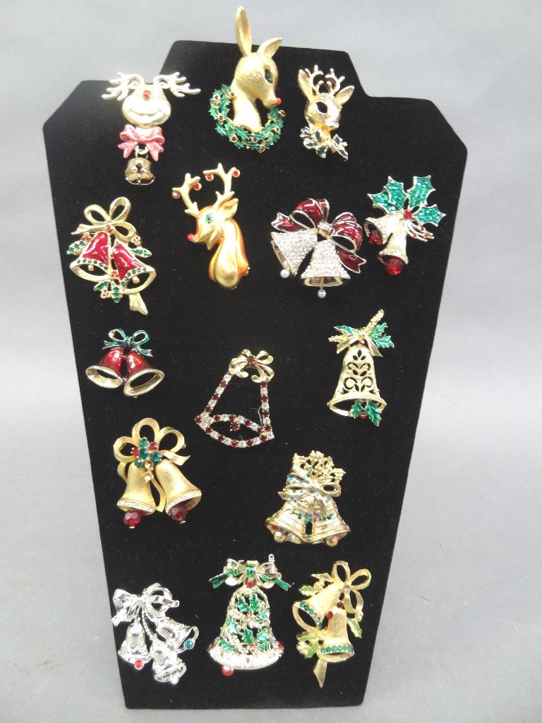 Costume Christmas Jewelry: Great Group of Rhinestone Bells, Bright and very colorful!