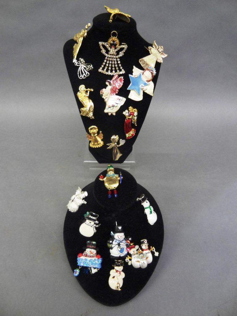 Costume Christmas Jewelry: Two Trays of Christmas Pins, Angels and Snowman wonderful designs