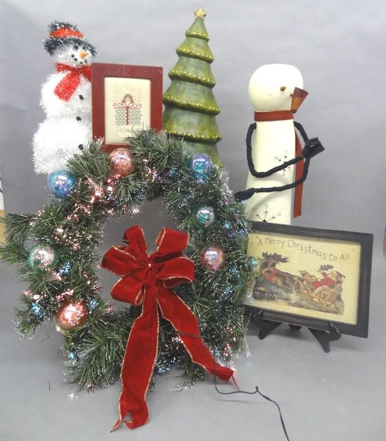 Christmas Decorations Large Group: Fiber Optic Wreath, Snowman framed needlepoint, tall Snowman Handcrafted, and more.