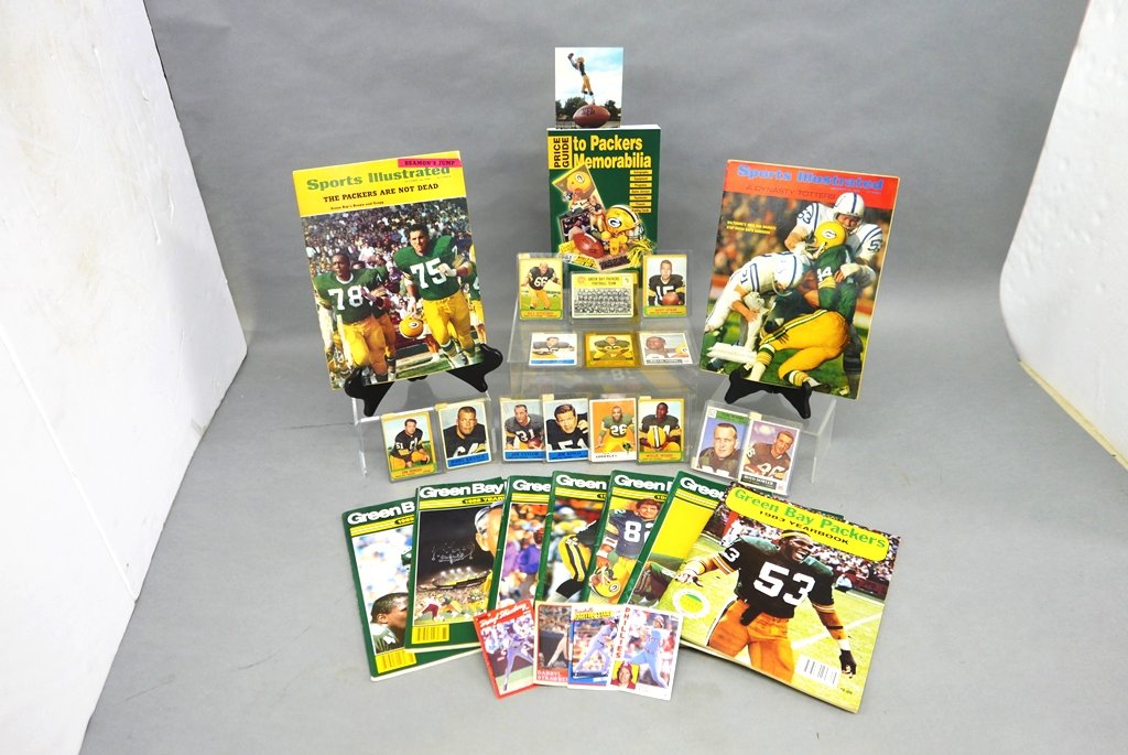 Green Bay Packers Football Cards and Yearbooks: 14 Cards, Bartstarr, Ray Nitschke, Herb Adderley, 1983-1989 Yearbooks, Memorabilia Guide, Postcard, Two Sport Illustrateds, Four Baseball Cards, Pete Rose, Don Mattingly, Darryl Strawberry