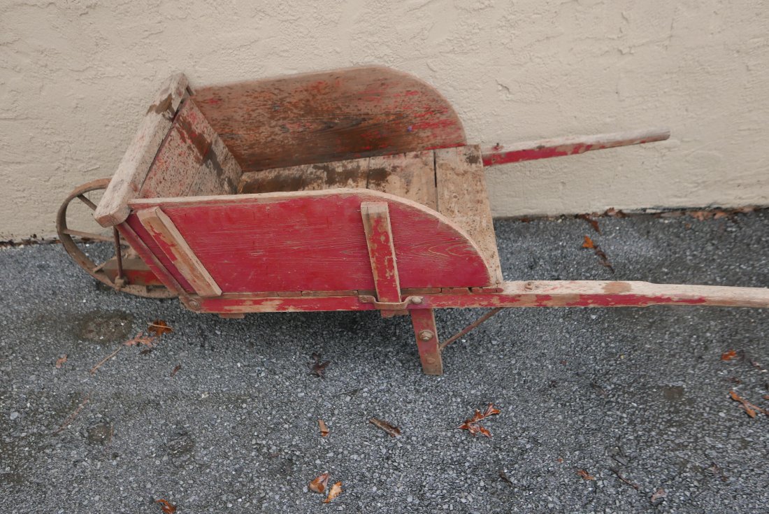 Antique Country Painted Red Wheel Barrow: Painted Red Country Wheel Barrow with Two Sides That Remove 23" Tall, 65" Long, 20" Wide Metal Wheel