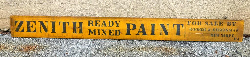 Antique New Hope Pa. Advertising Sign: Antique stenciled wood advertising sign from New Hope Pa., Zenith Ready Made Paints For Sale By Kooker & Stintsman New Hope Pa., 61"L, 6"H