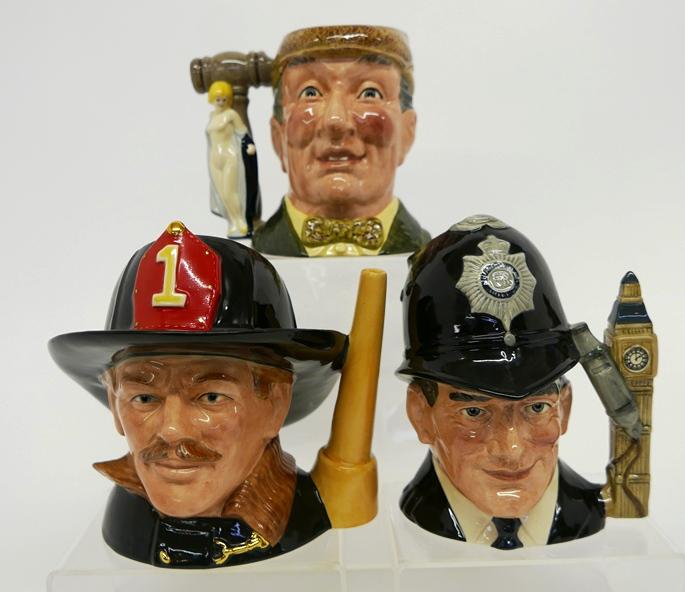 Doulton Auctioneer, Bobby & Fireman Jugs: Three Royal Doulton character jugs, The Auctioneer D6838 edition of 5000 6.25"H, The London Bobby D6744 7"H, The Fireman D6697 7"H