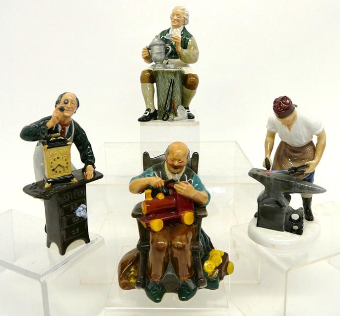 Four Royal Doulton Occupation Figurines: Royal Doulton The Blacksmith Of Williamsburg HN2240 6.75"H, The Tinsmith HN2146 6.5"H, The Toymaker HN2250 6"H, The Clockmaker 7.25"H