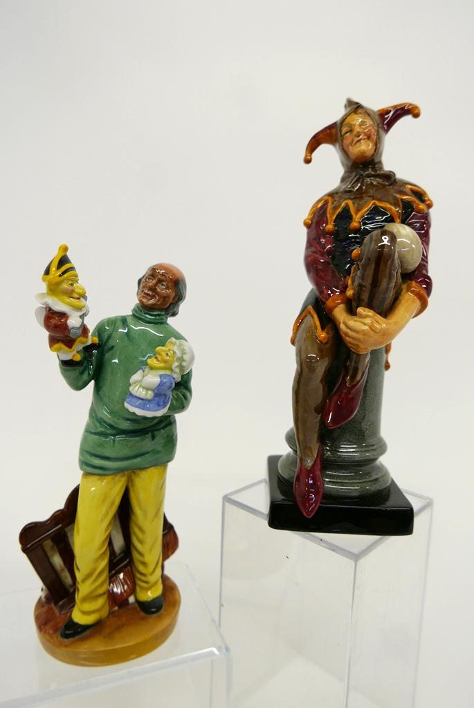 Doulton Punch & Judy Man & Jester Figurines: Two Royal Doulton Porcelain Figurines, Punch and Judy Man HN2765 9"H, The Jester HN2016 10"H
