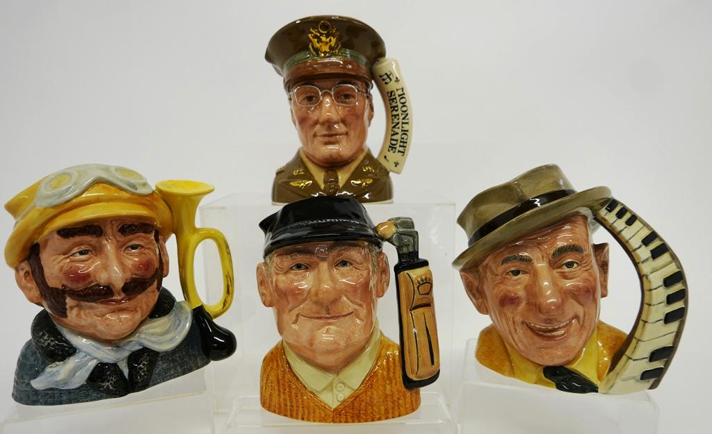 Four Royal Doulton Large Toby Mugs: Four Royal Doulton porcelain Toby mugs, Veteran Motorist D6633 8"H, Golfer D6623 7.75"H, Glen Miller D6970 7"H, Jimmy Durante D6708 7"H