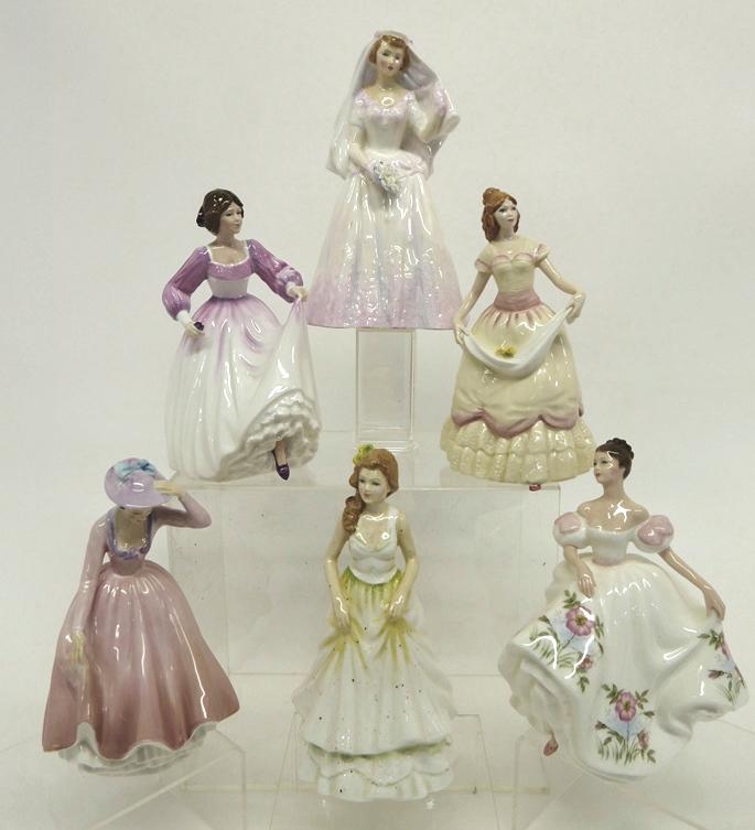 Six Royal Doulton Lady Figurines: Six Royal Doulton porcelain figurines, Nicole HN3421 7.5"H, Ashley HN3420 7.5"H, Anita HN3766 8"H, Sweet April HN2215 7"H, Lucy HN3653 7.5"H, The Bride HN22166 8.25"H