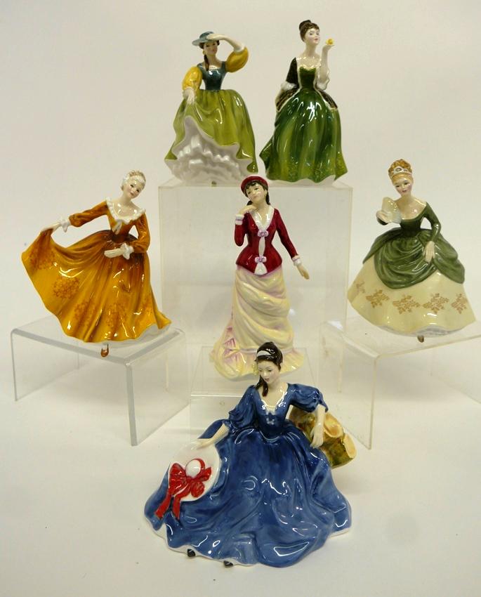 Six Royal Doulton Lady Figurines: Six Royal Doulton porcelain figurines, Buttercup HN2309 7.25"H, Sally HN3383 8.5"H, Elyse HN2429 7"L, Fleur HN2368 7.5"H, Kirsty HN2381 7.5"H, Soiree HN2312 7.5"H