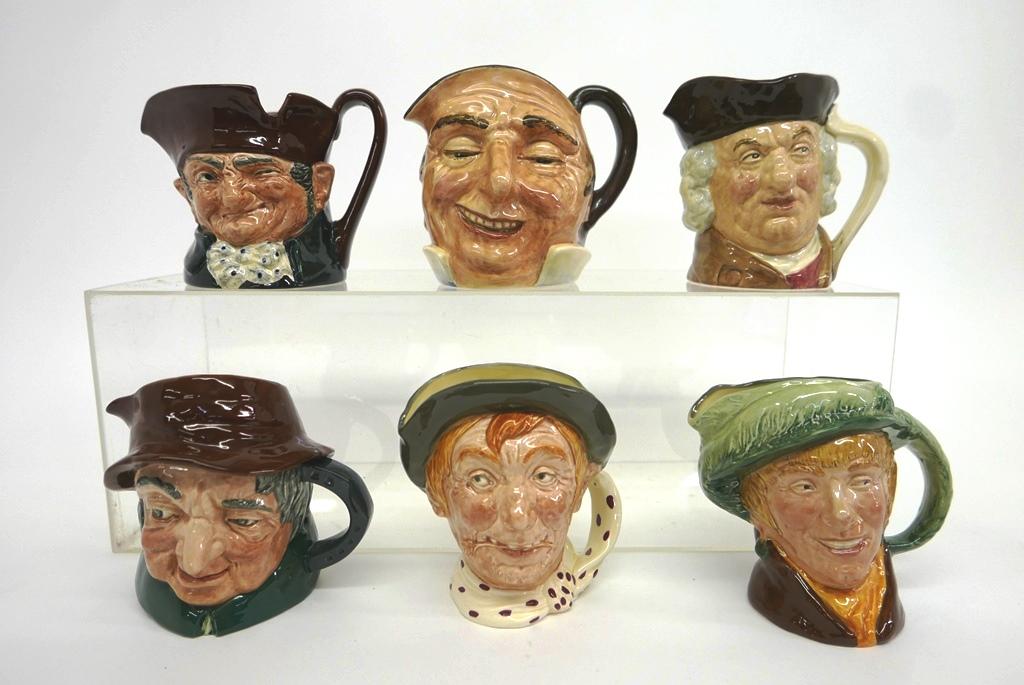 Six Royal Doulton Large Toby Jugs: Six large Royal Doulton Toby jugs ranging from 6" to 6.5"H, Sam Johnson , Uncle Tom Cobbleigh D6337, Old Charles, Jarge, Farmer John, Arriet