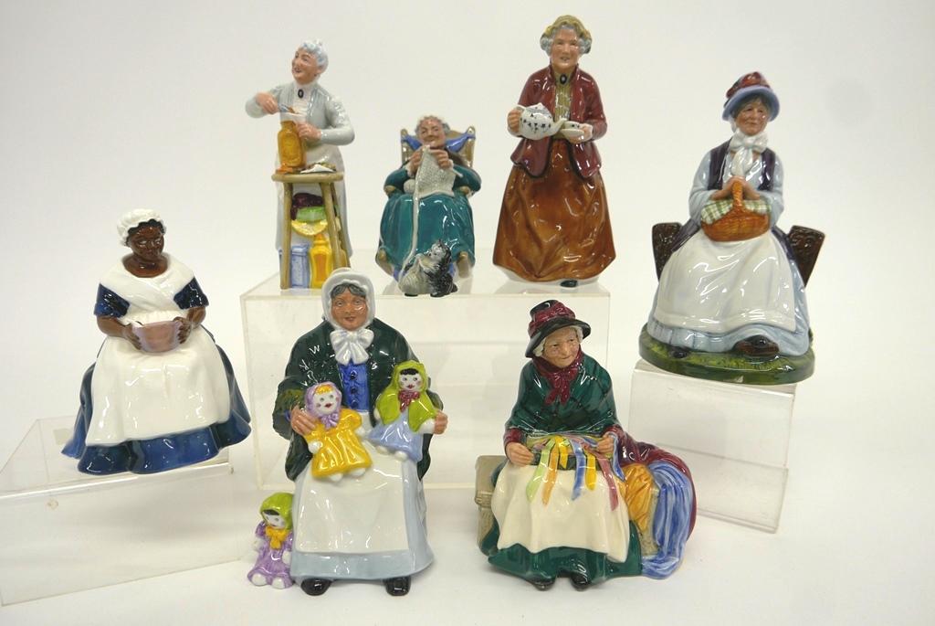 Seven Royal Doulton Large Figurines: Seven Royal Doulton figurines ranging from 5" to 8"H, Twilight HN2256, Royal Governor's Cook HN2233, Silks and Ribbons HN2017, Teatime HN2255, Rest Awhile HN2728, A Penny's Worth HN2408, The Rag Doll 