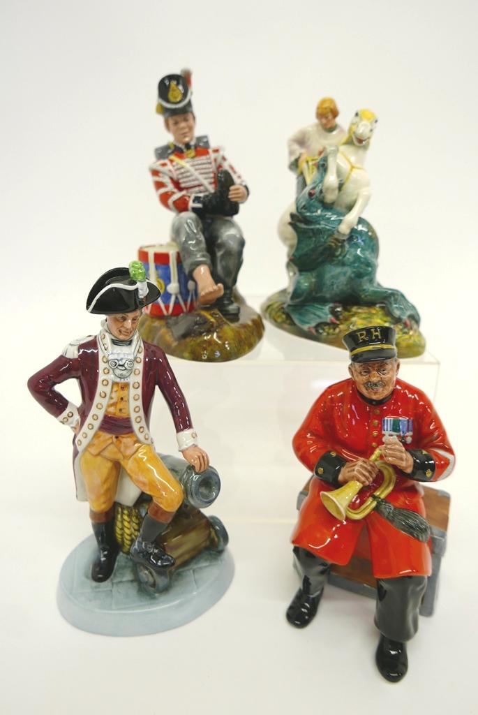 Four Large Royal Doulton Figurines: Four large Royal Doulton figurines ranging from 8" to 9"H, Officer Of The Line HN2733, St. George HN2051, Drummer Boy HN2679, Past Glory HN2484