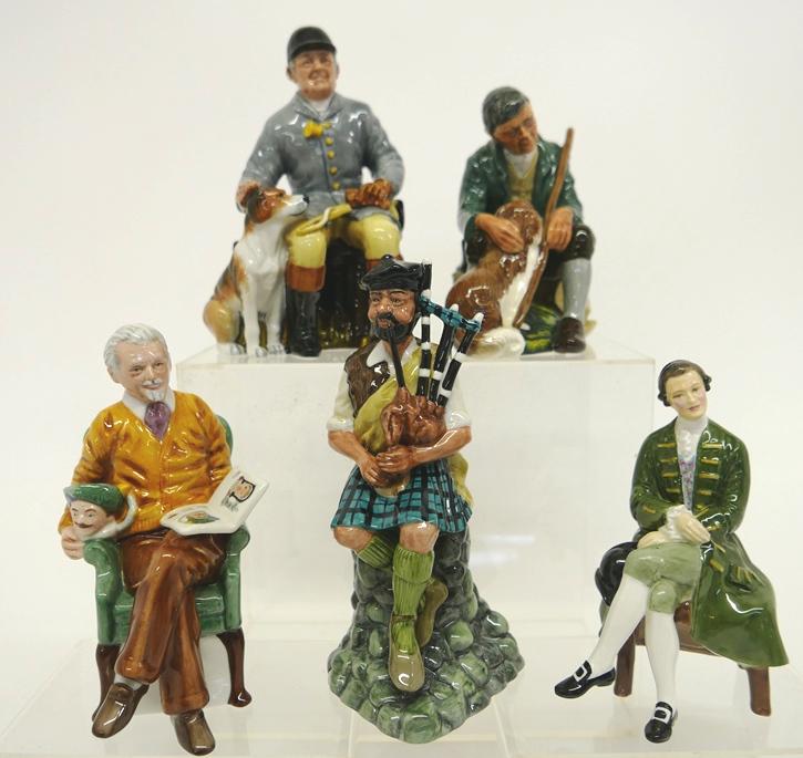 Five Royal Doulton Figurines: Five Royal Doulton porcelain figures ranging from 6.5" to 8"H, The Huntsman HN2492, The Master HN2325, The Piper HN2907, Pride And Joy HN2945, A Gentleman From Williamsburg HN2227