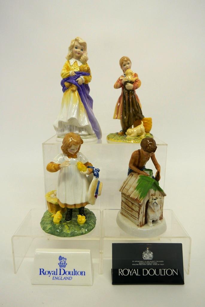 Four Royal Doulton Figures Plus Signs: Four Royal Doulton porcelain figurines, Age Of Innocence Puppy Love HN3371, Age Of Innocence Feeding Time HN3373, Charity limited edition 3726 of 9500 HN3087, Childhood Days As Good As New HN2971, por