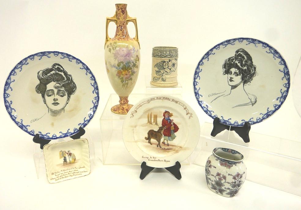 Vintage Royal Doulton Porcelain Pieces: Vintage Doulton Burslem floral decorated double handled bud vase 11.5"H, Royal Doulton Nursery Rhymes Little Red Riding Hood plate 8"D and Old Mother Hubbard bowl 4.5" square with a tight hairline, tw