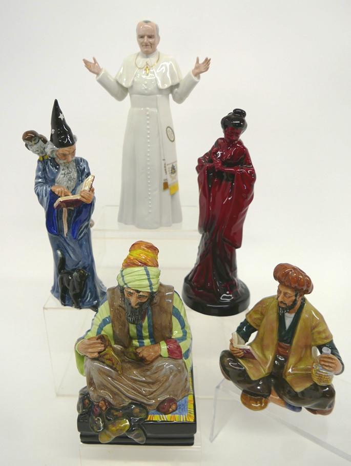 Five Royal Doulton Large Figurines: Five large Royal Doulton figurines ranging from 6" to 10"H, Geisha HN3229, The Wizard HN2877, Pope John Paul II HN2888, The Cobbler HN1706, Omar Khayyam HN2247
