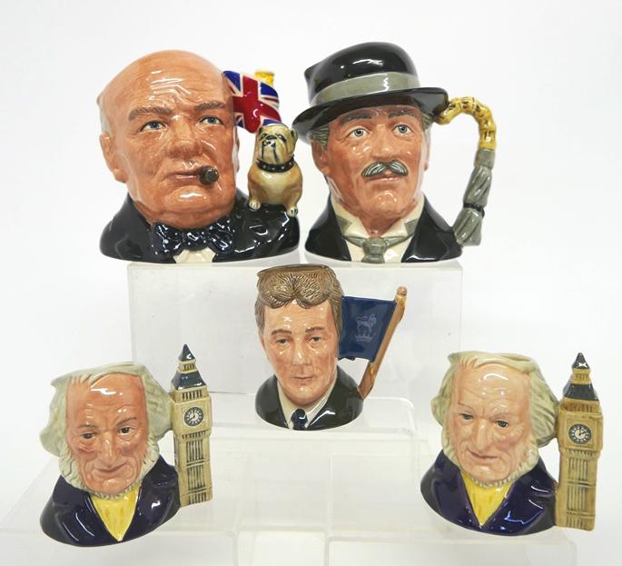 Five Royal Doulton Character Jugs: Five Royal Doulton porcelain character jug, tallest 7", Winston Churchill D6907, City Gent D6815, pair of John Doulton D6656, Michael Doulton D6808
