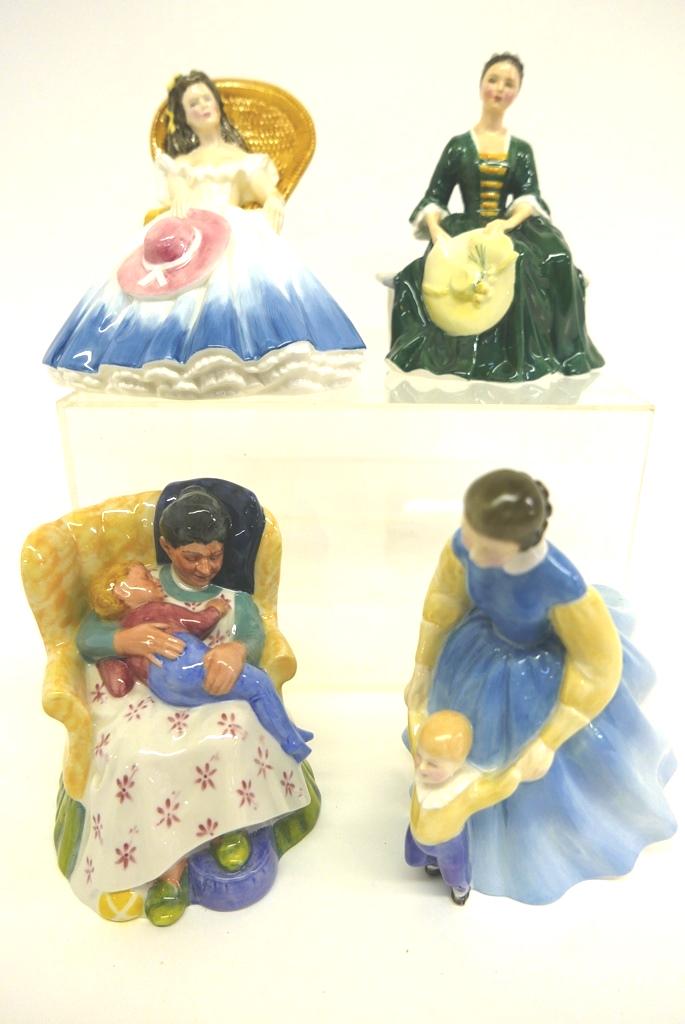 Four Royal Doulton Large Figurines: Four Royal Doulton porcelain figurines, tallest 6.25", First Steps HN242, Sweet Dreams HN2380, Annabel HN3273, A Lady From Williamsburg HN2228