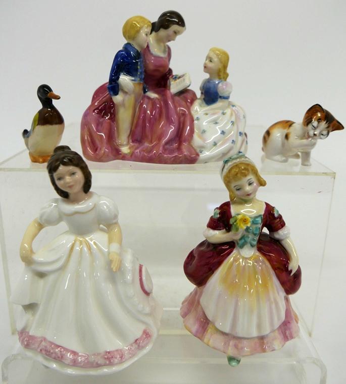 Five Royal Doulton Figurines: Five Royal Doulton porcelain figurines, tallest 5", Bedtime Story HN2059, Amanda HN3635, Valerie HN2107, cat and duck