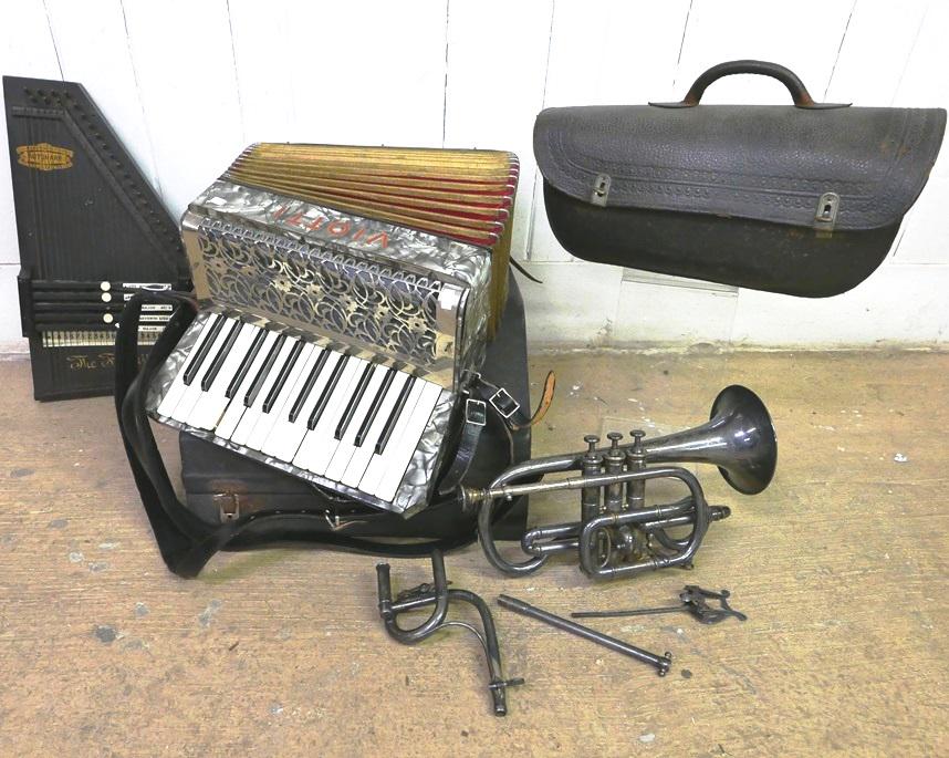 Early Carl Fischer Trumpet, Accordion & Autoharp: Early Carl Fischer trumpet serial number 8736, engraved plated body, includes original music clip, tooled leather case with 15.5"L, The Zimmermann Autoharp Company "The Favorite" autoharp 18"L, German