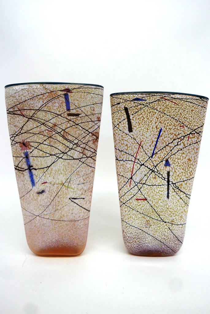 Pair of Taylor Backes Modernist Large Vases: Pair of hand blown glass vases from Taylor Backes of Pottstown Pa., done in the mid-century modernist style, 15.25"H