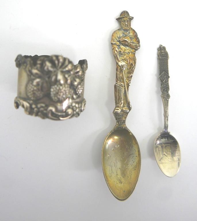 Antique Sterling Napkin Ring & Figural Spoons: Antique Whiting sterling silver fruit decorated napkin ring engraved Lottie 1905 2"D, heavy figural miner Boulder Colo. "Struck It At Last" souvenir spoon 6"L, Gorham sterling silver "Twas The Night B
