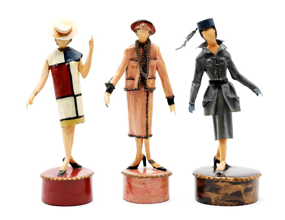 Three Lee Menichetti Artisan Couture Costume Sculptures: Lee Menichetti [New York & Palm Beach Florida - 1931 to 1997] well known mid-century artist known for his theatre related art, these sculptures are made of hand bent and painted sheet brass, French co