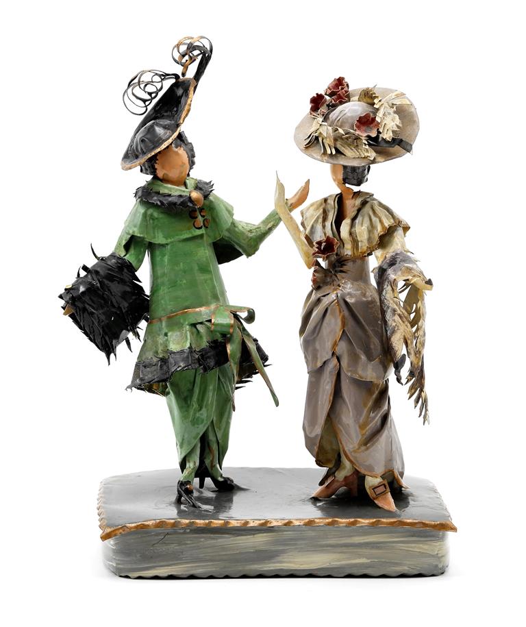 Lee Menichetti Artisan 1917 Costume Sculpture: Lee Menichetti [New York & Palm Beach Florida - 1931 to 1997] well known mid-century artist known for his theatre related art, this sculpture is made of hand bent and painted sheet brass, single platf