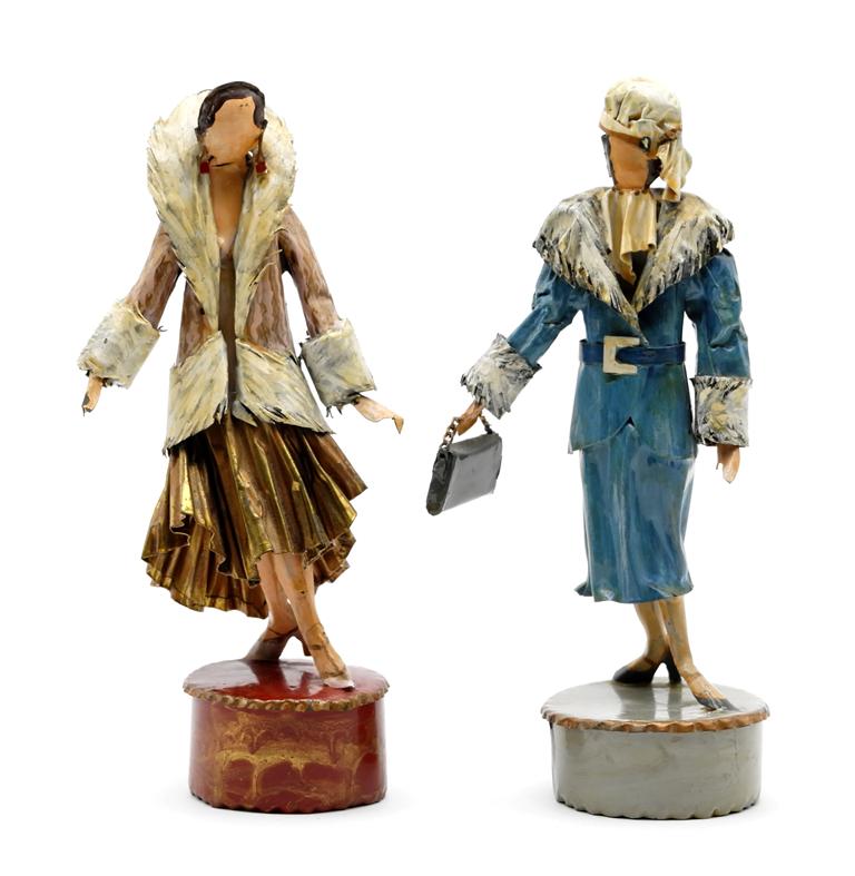 Two Lee Menichetti 1930 Couture Artisan Costume: Lee Menichetti [New York & Palm Beach Florida - 1931 to 1997] well known mid-century artist known for his theatre related art, these sculptures are made of hand bent and painted sheet brass, two girls