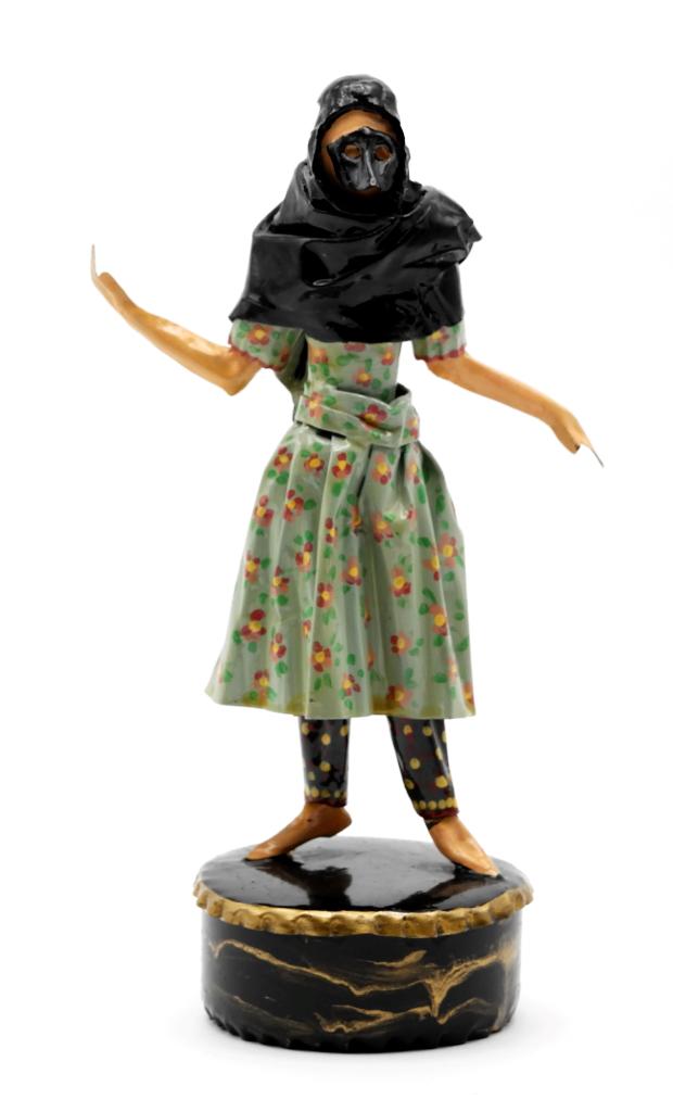 Lee Menichetti Artisan Masquerade Costume Sculpture: Lee Menichetti [New York & Palm Beach Florida - 1931 to 1997] well known mid-century artist known for his theatre related art, this sculpture is made of hand bent and painted sheet brass, girl wearing