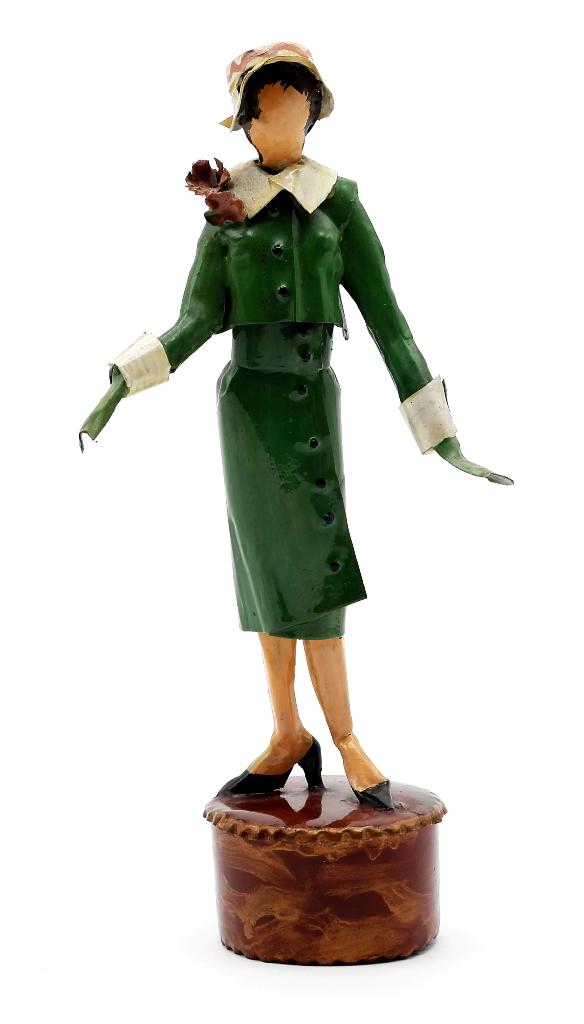 Lee Menichetti Artisan 1949 Couture Costume Sculpture: Lee Menichetti [New York & Palm Beach Florida - 1931 to 1997] well known mid-century artist known for his theatre related art, this sculpture is made of hand bent and painted sheet brass, girl wearing