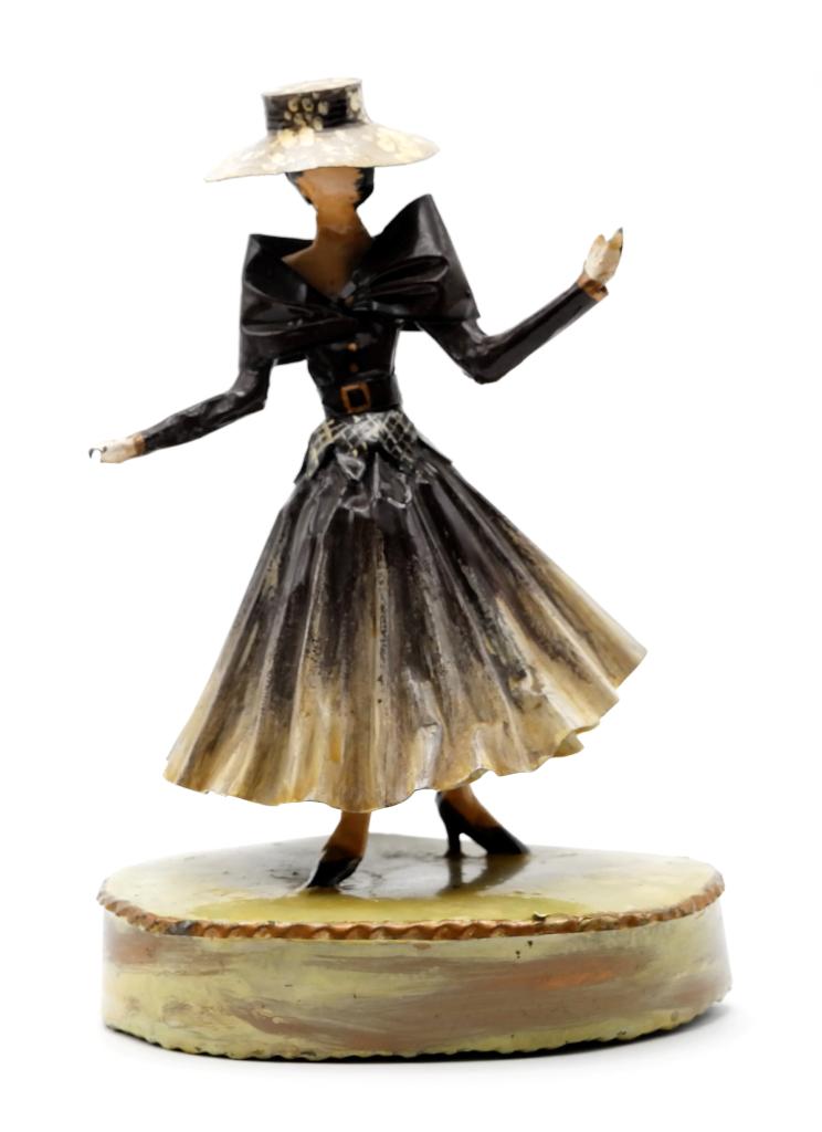 Lee Menichetti Artisan 1950: Lee Menichetti [New York & Palm Beach Florida - 1931 to 1997] well known mid-century artist known for his theatre related art, this sculptures is made of hand bent and painted sheet brass, girl wearin