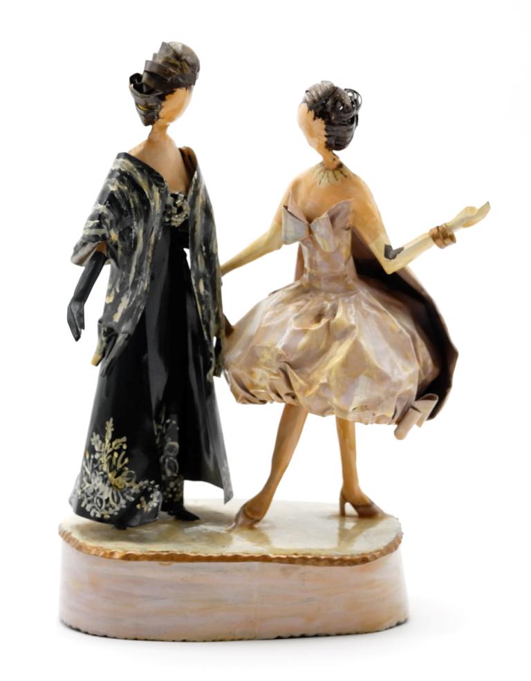Lee Menichetti Artisan 1959 Couture Costume Sculpture: Lee Menichetti [New York & Palm Beach Florida - 1931 to 1997] well known mid-century artist known for his theatre related art, these sculptures are made of hand bent and painted sheet brass, two figur