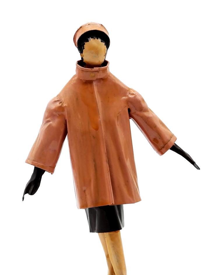 Lee Menichetti Artisan 1963 Couture Costume Sculpture: Lee Menichetti [New York & Palm Beach Florida - 1931 to 1997] well known mid-century artist known for his theatre related art, this sculpture is made of hand bent and painted sheet brass, girl wearing