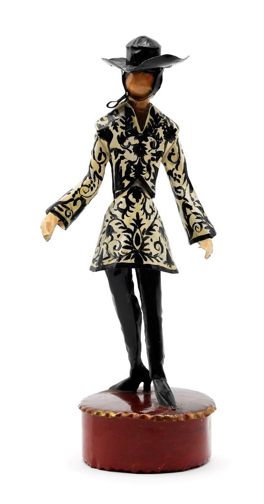 Lee Menichetti Artisan 1967 Couture Costume Sculpture: Lee Menichetti [New York & Palm Beach Florida - 1931 to 1997] well known mid-century artist known for his theatre related art, this sculptures is made of hand bent and painted sheet brass, girl wearin