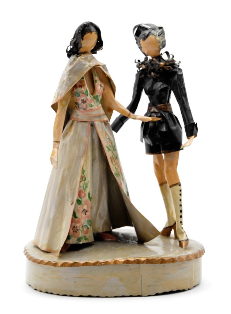 Lee Menichetti Artisan 1970: Lee Menichetti [New York & Palm Beach Florida - 1931 to 1997] well known mid-century artist known for his theatre related art, these sculptures are made of hand bent and painted sheet brass, one platf