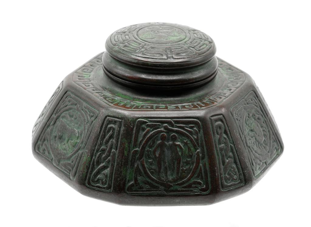 Tiffany Studios "Zodiac" Bronze Inkwell: Tiffany Studios antique Zodiac pattern inkwell, patinated bronze with original glass well, impressed on bottom "Tiffany Studios New York 1072", 6.5" by 3.75"H