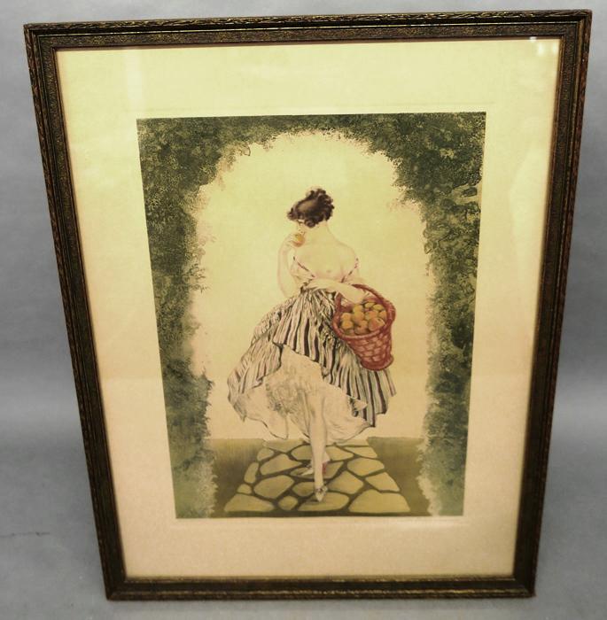 Antique Louis Icart Apple Girl Print: Louis Icart print "Le Panier De Pommes", printing by Morris & Bendien Inc. N.Y., image size 14" by 20", sight size 19.5" by 26.5", housed in its original gold gilt wood frame 21.5" by 28.5"