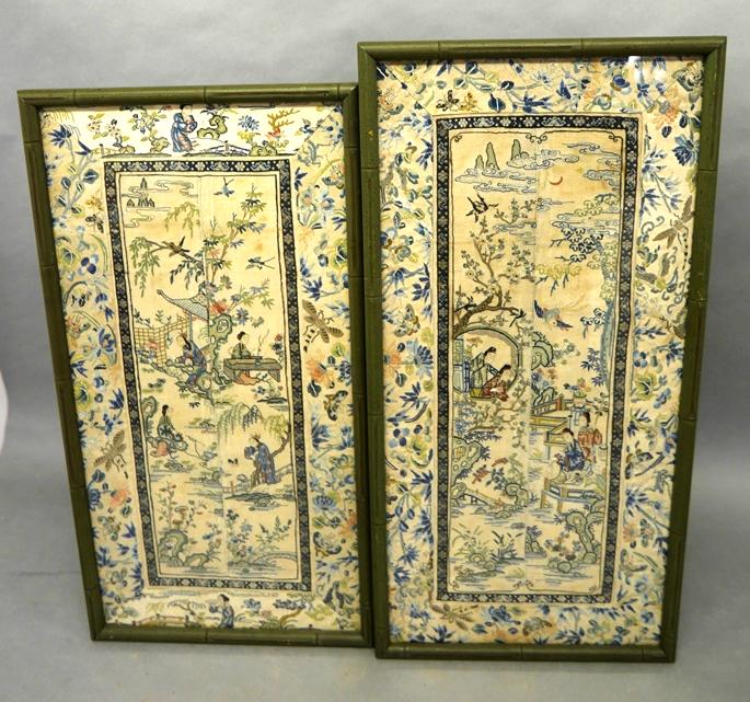 Two Asian Blind Stitch Framed Panels: Two vintage or antique framed sets of blind stitch work removed from clothing, each frame has two vertical panels surrounded by a four piece border, slightly different sized frames, 13.75" by 26.5" an