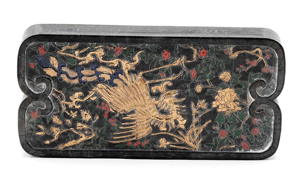 Chinese Partial Gilt Ink Block Cased: Vintage Chinese partial gilt tablet form ink block, front is decorated with high relief phoenix or dragon decorated with gold gilt and polychrome decorated flowers, back has calligraphy in relief deco