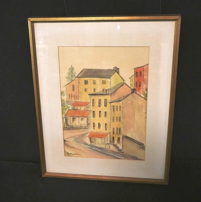 Manayunk Pa. Watercolor Street Scene: Vintage original watercolor signed illegibly lower left, signatures matches lot 104, sight size 13" by 18", with mat in a wood frame 21.5" by 26.5"