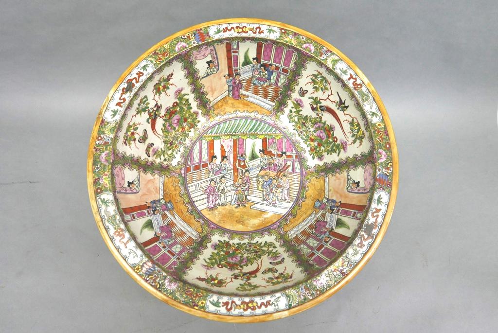 Antique Rose Mandarin Punch Bowl: Large antique rose medallion punch bowl or basin with a wide lip, reign mark on base, 18.5" diameter, 6.5" high